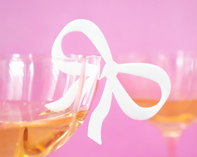 White Bow Drink Tags, Reusable Party Glass Charms, Set of 4