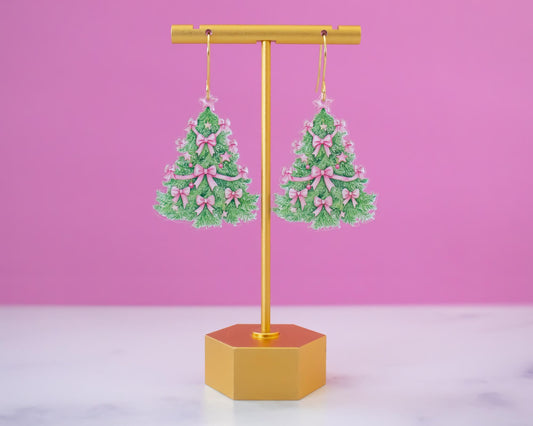 Pink Bow Christmas Tree Earrings
