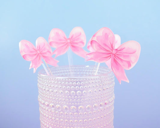 Pink Bow Drink Stirrers Coquette Party Decor, Set of 4