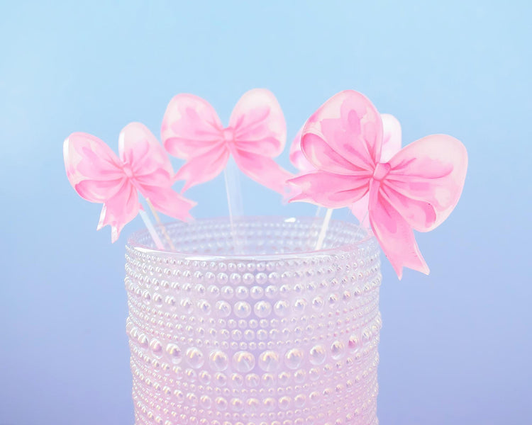 Pink Bow Drink Stirrers Coquette Party Decor, Set of 4