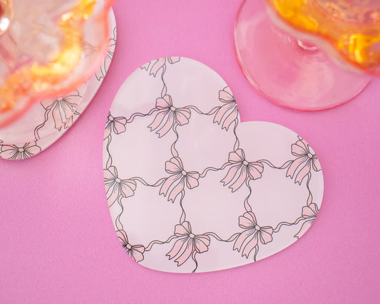 Pink Bow Heart Acrylic Coaster, Coquette Desk Decor