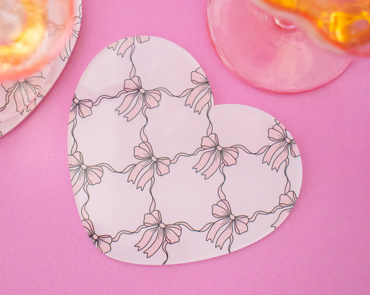 Pink Bow Heart Acrylic Coaster, Coquette Desk Decor