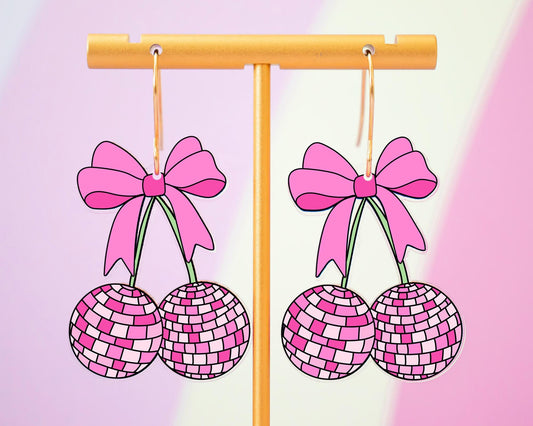 Pink Cherries Disco Ball Bow Earrings