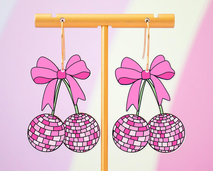 Pink Cherries Disco Ball Bow Earrings