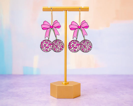 Pink Cherries Disco Ball Bow Earrings