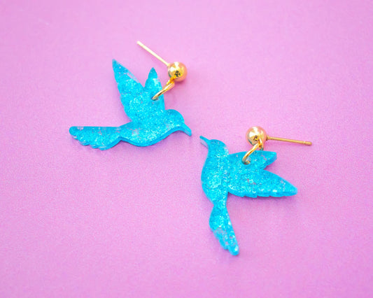 Blue Glitter Hummingbird Earrings