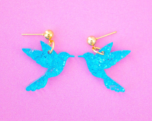 Blue Glitter Hummingbird Earrings