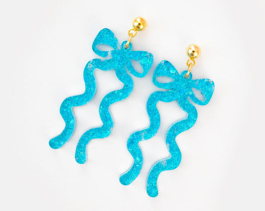 Blue Glitter Statement Bow Earrings