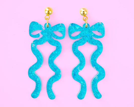 Blue Glitter Statement Bow Earrings