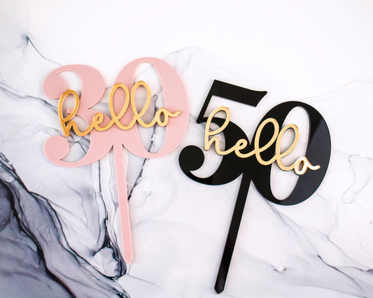 Custom Number Acrylic Birthday Cake Topper, Script Hello 30, 40, 50