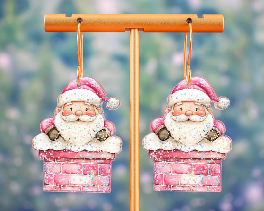 Glitter Pink Santa Chimney Earrings