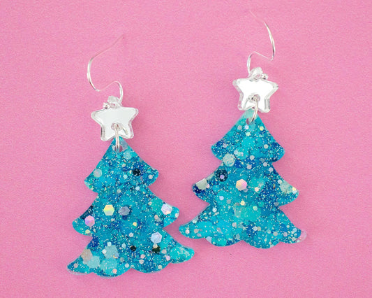 Glitter Teal Christmas Tree Earrings
