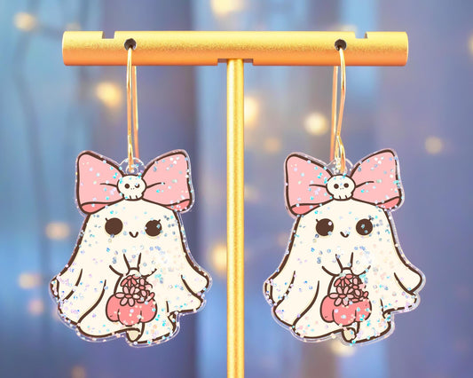 Cute Bow Ghost With Pumpkin Earrings
