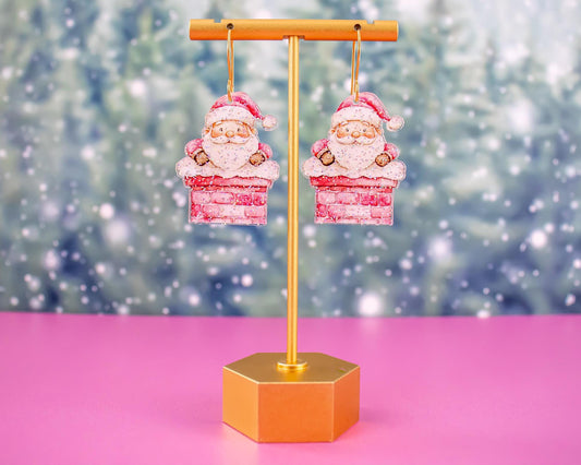 Glitter Pink Santa Chimney Earrings