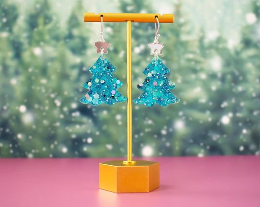 Glitter Teal Christmas Tree Earrings