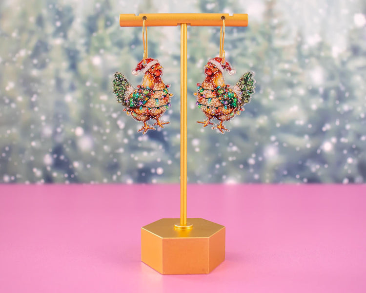 Glitter Christmas Chicken Earrings
