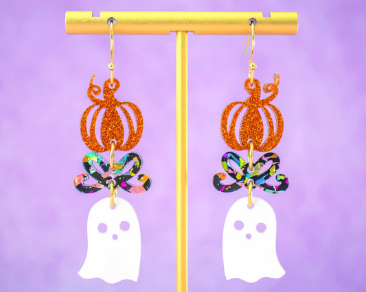 Stacked Pumpkin Bow Ghosts Earrings