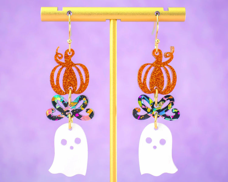 Stacked Pumpkin Bow Ghosts Earrings