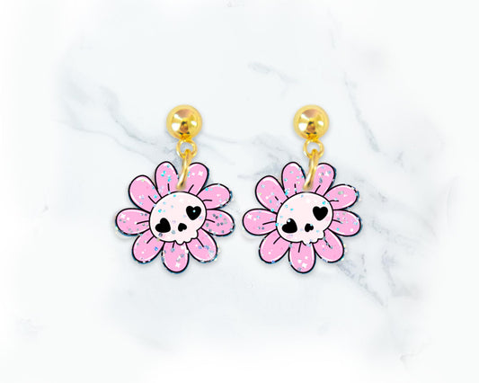 Small Skull Flower Glitter Halloween Earrings