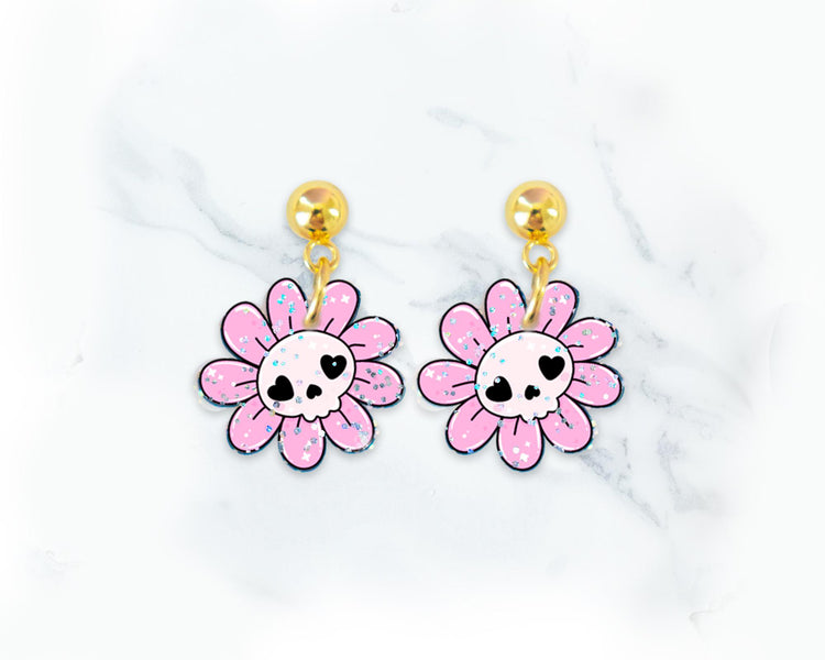 Small Skull Flower Glitter Halloween Earrings