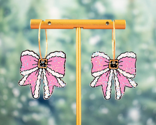 Pink Glitter Santa Bow Earrings