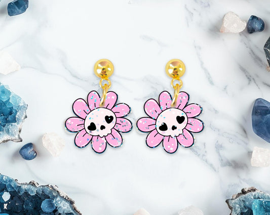 Small Skull Flower Glitter Halloween Earrings
