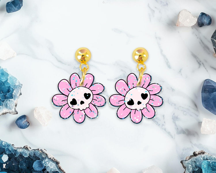 Small Skull Flower Glitter Halloween Earrings