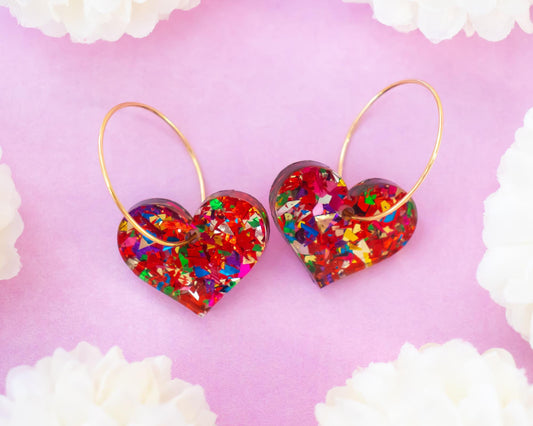 Red Glitter Heart Hoop Earrings