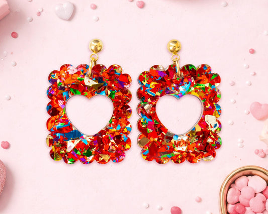 Red Glitter Heart Stamp Valentines Earrings