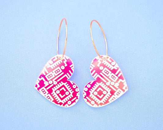 Holographic Heart Computer Chip Earrings