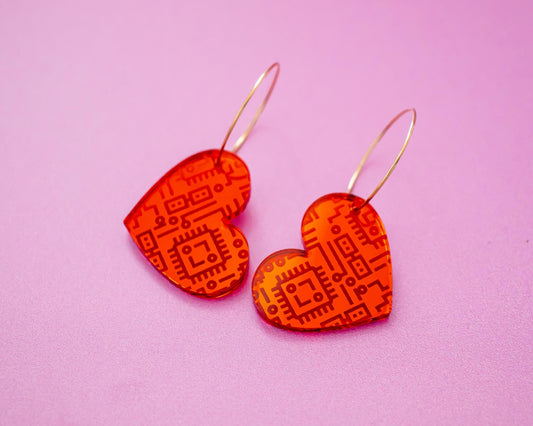 Red Mirror Heart Computer Chip Earrings