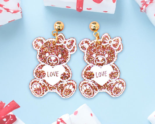 Glitter Teddy Bear Valentines Earrings