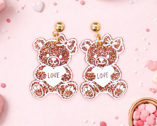 Glitter Teddy Bear Valentines Earrings