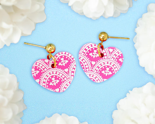 Pink Lace Small Heart Earrings