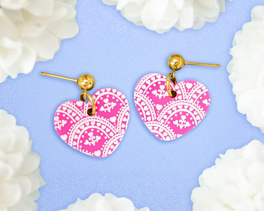 Pink Lace Small Heart Earrings