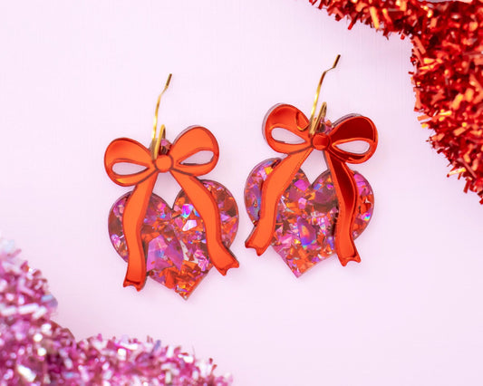 Glitter Bow Heart Valentines Earrings