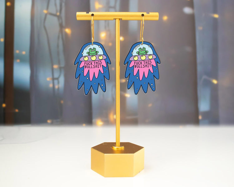 Angry Frog Earrings, Snarky Jewelry, F This Earring, Funny Jewelry, UFO Earrings