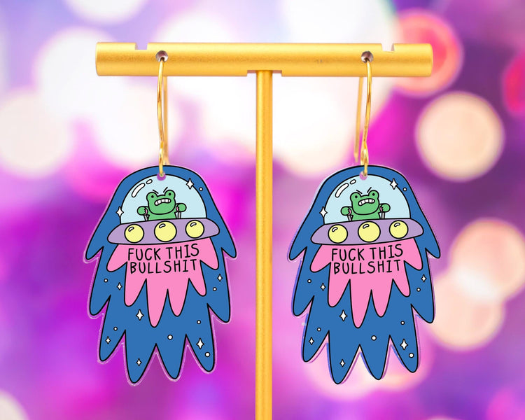 Angry Frog Earrings, Snarky Jewelry, F This Earring, Funny Jewelry, UFO Earrings