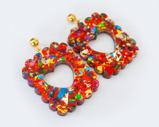 Red Glitter Heart Stamp Valentines Earrings