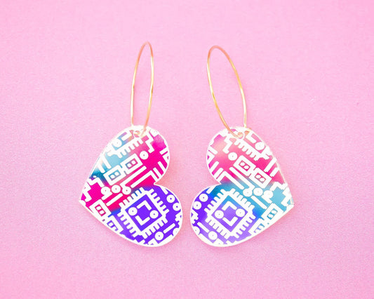 Holographic Heart Computer Chip Earrings
