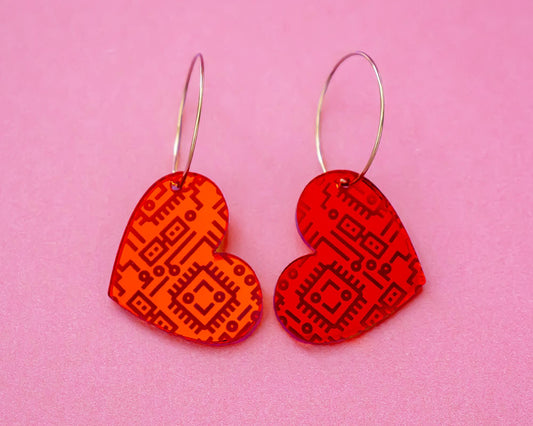 Red Mirror Heart Computer Chip Earrings