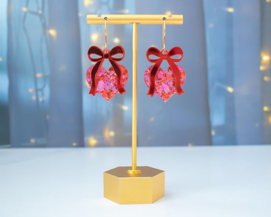 Glitter Bow Heart Valentines Earrings