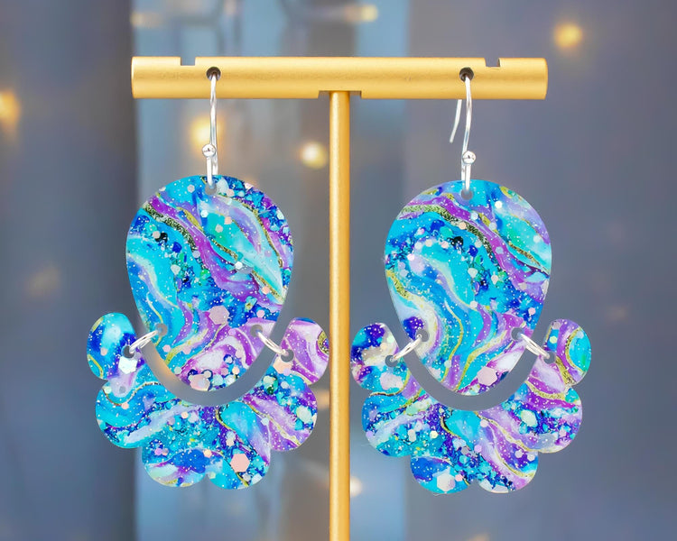 Scallop Geometric Aqua Geode Statement Earrings