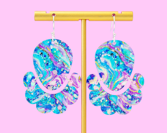 Scallop Geometric Aqua Geode Statement Earrings