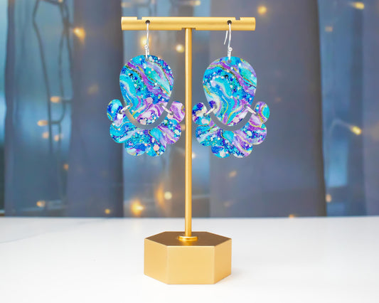 Scallop Geometric Aqua Geode Statement Earrings