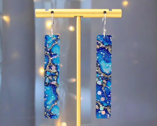Glitter Blue Agate Rectangle Bar Earrings