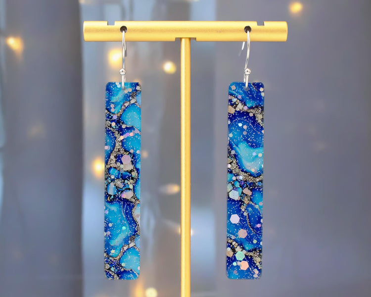 Glitter Blue Agate Rectangle Bar Earrings