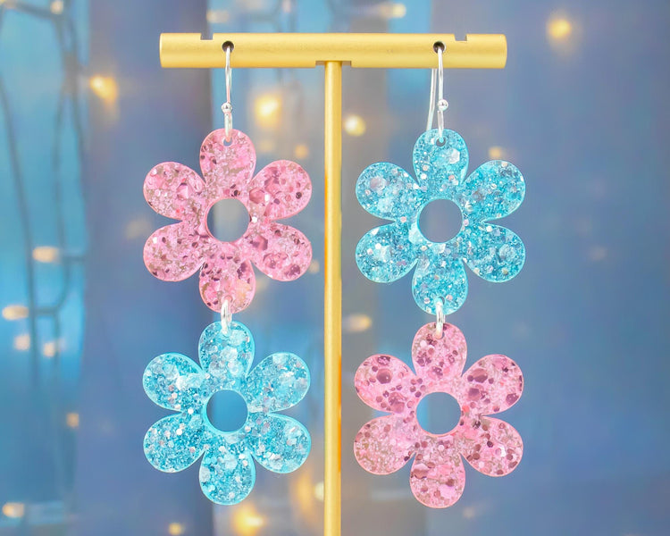 Pastel Pink & Blue Double Flower Glitter Earrings