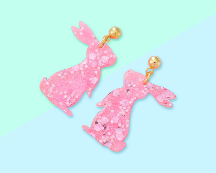 Small Pink Glitter Bunny Earrings