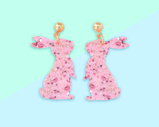 Small Pink Glitter Bunny Earrings